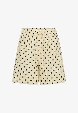 Tejszín színű rövidnadrág fekete pöttyökkel, rugalmas derékrésszel és elöl megkötő zsinórral, fehér háttéren.