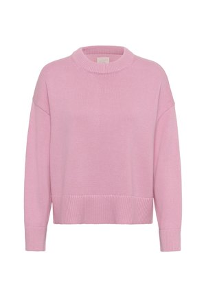 Pull en maille rose avec un col arrondi, des épaules tombantes et des bords côtelés. La texture est douce avec un motif en maille épaisse.