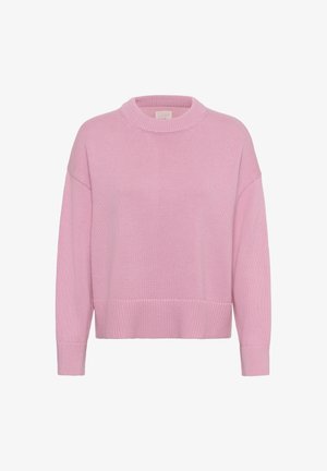 Pull en maille rose avec un col arrondi, des épaules tombantes et des bords côtelés. La texture est douce avec un motif en maille épaisse.
