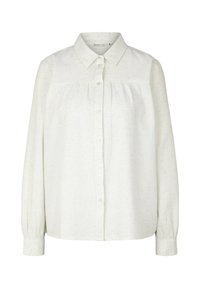 Camicia bianca a maniche lunghe con colletto, chiusura a bottoni davanti e dettagli arricciati sotto il petto. Il tessuto presenta sottili sfumature di colore.
