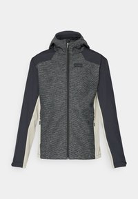 Gray and black zip-up jacket with a hood, textured body, smooth sleeves, zip pockets, and logo on the chest. Accented with cream sides.