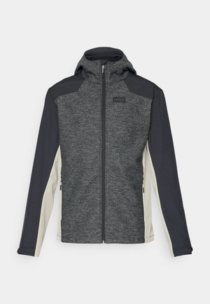 Gray and black zip-up jacket with a hood, textured body, smooth sleeves, zip pockets, and logo on the chest. Accented with cream sides.