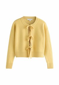 Gelbe gestrickte Strickjacke mit langen Ärmeln, gerippten Bündchen und Saum sowie drei vorderen Schleifenverschlüssen.