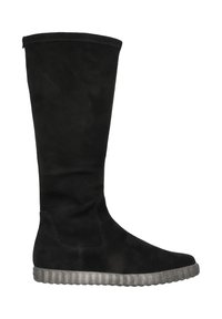 Stivale alto in suede nero con punta arrotondata e suola grigia texture. Presenta una parte superiore liscia senza lacci o hardware visibili.