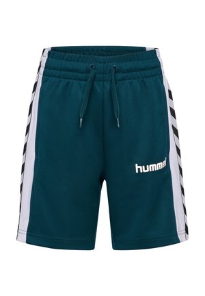 Sportowe spodenki w kolorze morskim z elastycznym paskiem w talii, sznurkiem do ściągania oraz czarno-białymi panelami bocznymi z wzorem zygzaków; logo na przodzie.