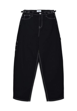 Pantaloni cargo neri con cuciture bianche a contrasto, grandi tasche laterali e vita con cinture; realizzati in un tessuto robusto, design a gamba dritta.