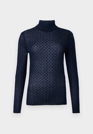 Maglione a collo alto blu navy realizzato in un tessuto testurizzato con motivo a rombi, maniche lunghe e design aderente.