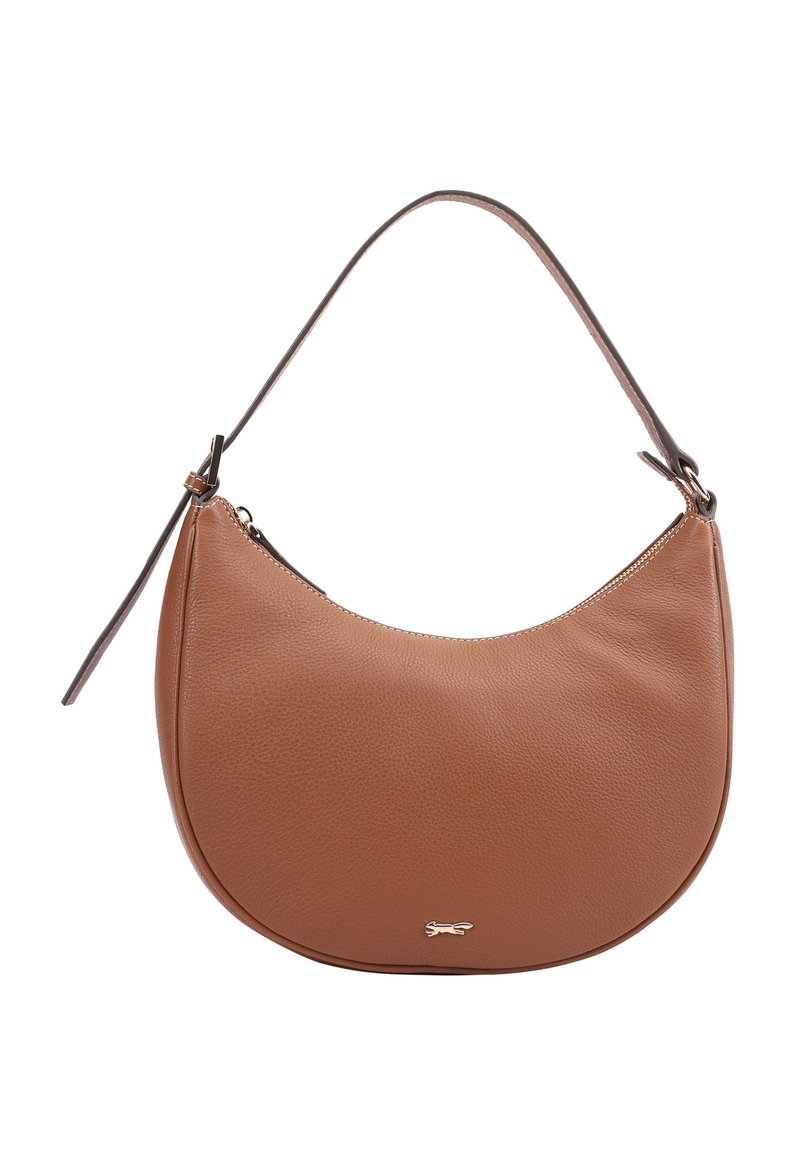 Bruine leren hobo-tas met een gladde textuur, gebogen vorm, een rits sluiting en een korte afneembare schouderriem. Gouden logo-accent zichtbaar.