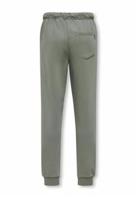 Grå bomuldssweatpants med elastisk talje, smalle ben og en enkelt lomme på bagsiden. Glat tekstur og enkelt design.