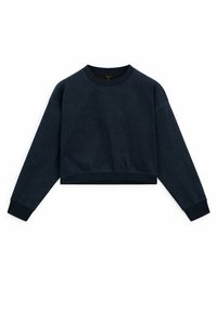 Leikattu collegepaita tummasta denimistä. Siinä on pyöreä pääntie, pitkät hihat ja resorit hihansuissa. Sileä pinta ja rento istuvuus.