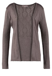 Cardigan marron ouvert sur le devant, manches longues, avec un motif tricoté en forme de losange sur le panneau arrière.