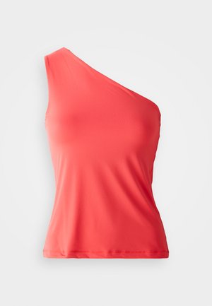 Asymmetrical coral tank top made of smooth, stretch fabric, featuring a single shoulder strap and a fitted silhouette.