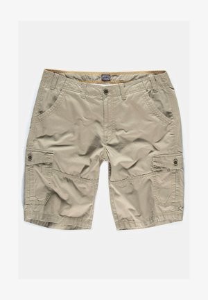 Khaki Cargo-Shorts mit einer leichten, glatten Textur. Sie verfügen über mehrere Taschen, einen Knopfverschluss und eine detaillierte Naht entlang der Nähte.