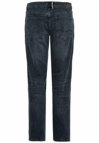 Dunkelblaue Jeans aus Denim mit geradem Bein, Standardtaschen und dezenten Ausbleichungen im Stoff. Rückansicht gezeigt.
