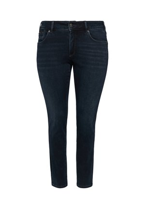 Jeans skinny in denim blu scuro con vita media, design a cinque tasche e leggera scoloritura. Presentano una chiusura con bottone e zip.