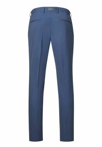 Blauwe op maat gemaakte broek met een vlakke voorkant, twee achterzakken en een gladde textuur. Heeft riemlussen en een merketiket op de taille.