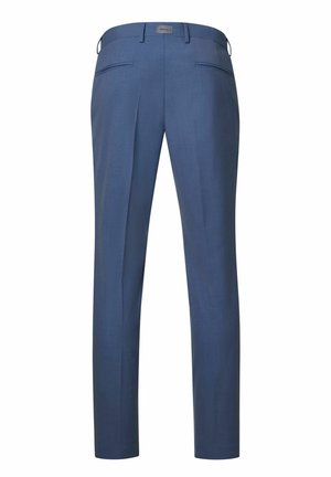 Blaue maßgeschneiderte Hose mit flachem Frontschnitt, zwei Gesäßtaschen und glatter Textur. Mit Gürtelschlaufen und einem Markenetikett an der Taille.