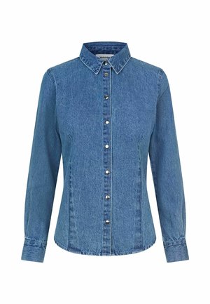 Sinine teksast pikkade varrukatega särk, esiküljel nööbitav, terava kraega ja vööle kohandatud detailidega.