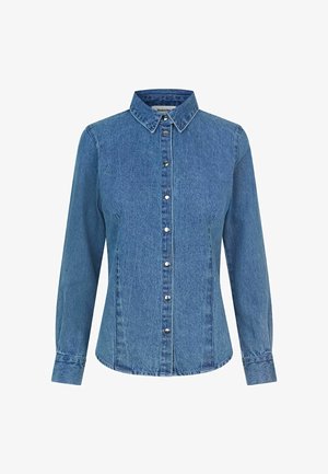 Sinine teksast pikkade varrukatega särk, esiküljel nööbitav, terava kraega ja vööle kohandatud detailidega.