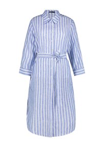 Striped shirt dress in blue and white linen, featuring a collar, button front, three-quarter sleeves, and a tied waist.
