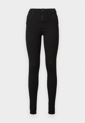 Sorte højtaljede skinny jeans lavet af denim. Har et klassisk fem-lomme design og synlige sømme langs sømmen.
