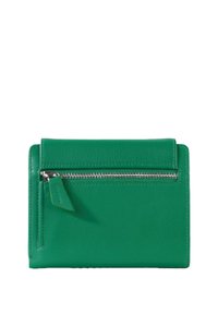Portafoglio verde in pelle con superficie liscia, forma rettangolare, tasca frontale con zip e dettagli hardware in argento.
