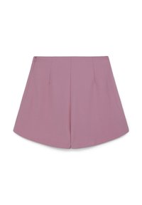 Shorts tailleur rosa con una forma strutturata, caratterizzati da pieghe frontali e una texture liscia. Chiusura con zip sul lato.