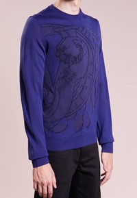 Pull bleu royal en mailles douces. Présente un design graphique sombre d'un lion et un texte stylisé. Manches longues avec des poignets côtelés.