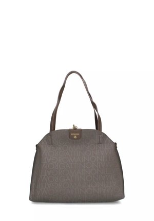 Borsa tote marrone con doppi manici, chiusura a girello dorata e stampa ripetuta del logo "Gattinoni Roma" su tutta la superficie.
