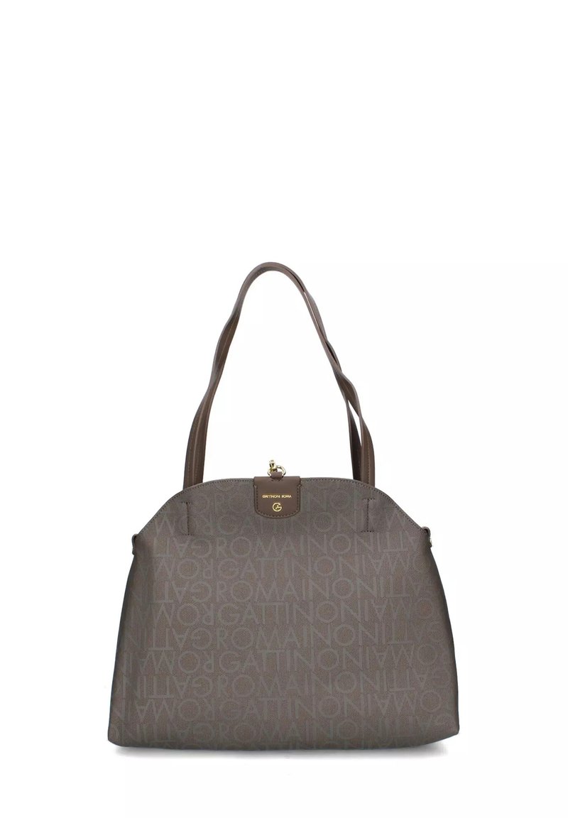 Bruine tas met dubbele handvatten, gouden sluiting en herhalend "Gattinoni Roma" logo-print over het oppervlak.
