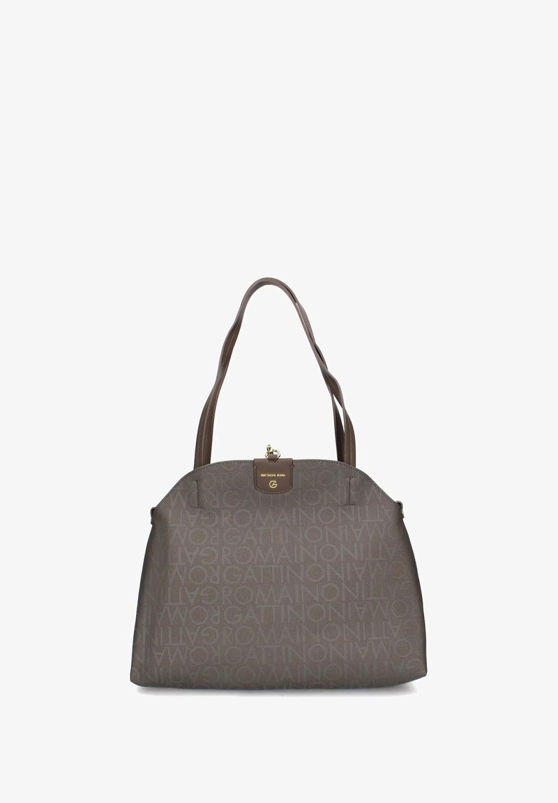 Bruine tas met dubbele handvatten, gouden sluiting en herhalend "Gattinoni Roma" logo-print over het oppervlak.