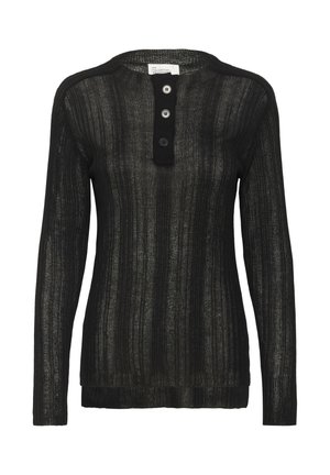 Black long-sleeve top with a ribbed texture, featuring a crew neckline and three-button placket. Soft, lightweight fabric with a relaxed fit.