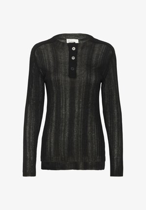 Čierny dlhý rukáv top s rebrovanou textúrou, s okrúhlym výstrihom a s tromi gombíkmi. Mäkka, ľahká tkanina s voľným strihom.