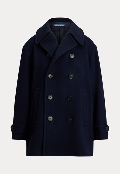Tumesinine kahekordse nööpimisega hernekangas-talvemantel laia kraega, nööpidega mansettide, küljetaskute ja Polo by Ralph Lauren sildiga krae sees.