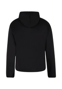 Zwarte hoodie met lange mouwen, een gladde textuur en een rechte snit aan de onderkant. Geen zichtbare logo's of patronen.