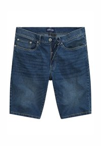 Shorts en denim bleu marine avec une coupe classique, dotés de cinq poches, d'une fermeture à bouton et de détails décolorés sur le devant.
