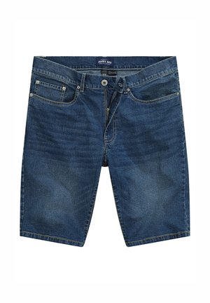 Donkerblauwe denim shorts met een klassiek model, voorzien van vijf zakken, een knoopsluiting en vervaagde details aan de voorkant.