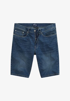 Donkerblauwe denim shorts met een klassiek model, voorzien van vijf zakken, een knoopsluiting en vervaagde details aan de voorkant.