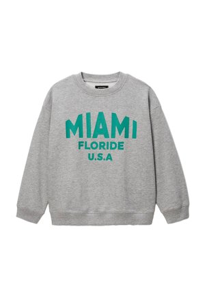 Sweat-shirt gris à col rond avec un lettrage vert indiquant "MIAMI FLORIDE U.S.A" sur le devant, manches longues, et poignets et ourlet côtelés.