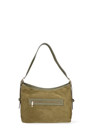 Borsa a spalla in suede verde oliva con tasca con zip dorata, parte superiore curvata e tracolla regolabile. Texture morbida e design minimalista.