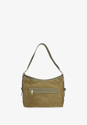 Olijfgroene suède schoudertas met een gouden ritsvak, gebogen bovenkant en verstelbare schouderband. Zachte textuur en minimalistisch ontwerp.