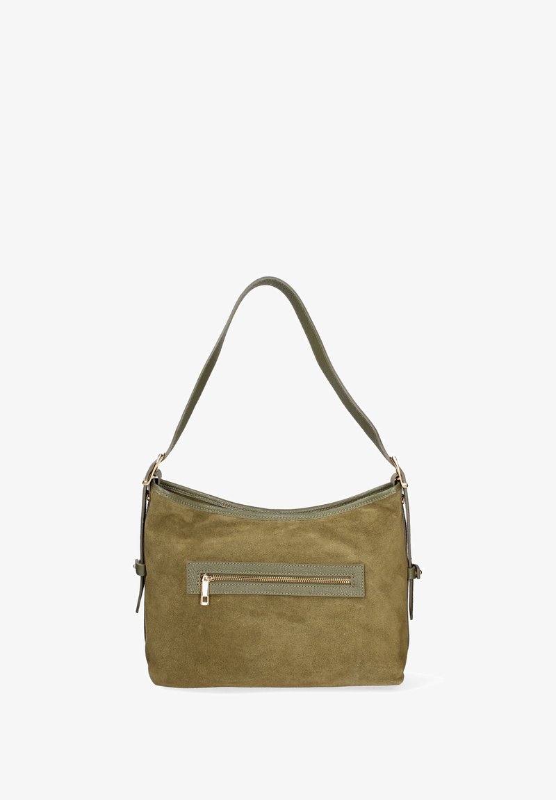 Borsa a spalla in suede verde oliva con tasca con zip dorata, parte superiore curvata e tracolla regolabile. Texture morbida e design minimalista.