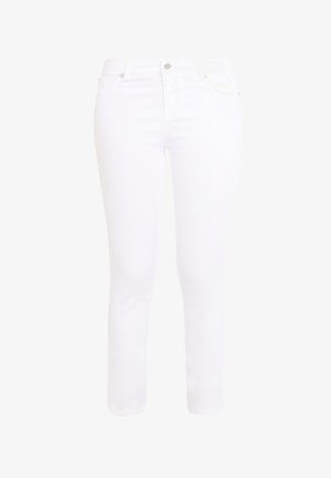 Valged denim teksased kitsas lõikega, viie taskuga disain, tavaline nööbi ja tõmbluku sulgemine ning peened õmbluse detailid.