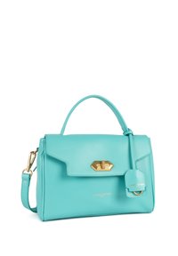 Sac à main en cuir teal avec un design structuré, quincaillerie dorée, fermeture à rabat à l'avant, étiquette détachable et bandoulière réglable.