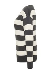 Hosszú ujjú pulóver széles, vízszintes fekete-fehér csíkokkal, oldalsó nézetben, bordázott mandzsettákkal és szegéllyel.