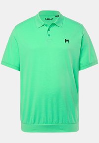 Mint green lyhytsleeve-polo paita, jossa on kaulus, kahden napin nappilista ja musta logo rinnassa. Pehmeä puuvillamateriaali.