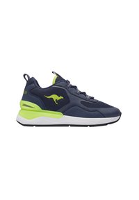 Marineblaues Mesh-Sneaker mit limegrünen Akzenten, weißer Zwischensohle und schwarzem Sohlengummi. Mit einem Känguru-Logo und einem gepolsterten Kragen für zusätzlichen Komfort.