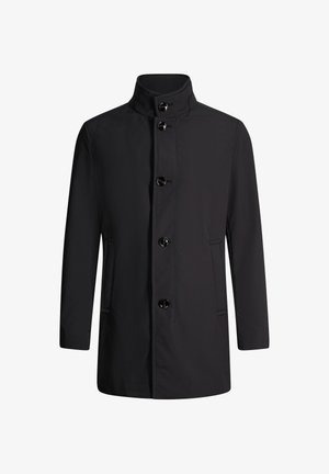Zwarte midilange herenmantel met hoge kraag, vijf zwarte knopen en twee zijzakken.