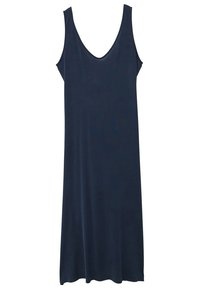 Navy blue sleeveless dress with a deep V-neck, made of soft fabric, featuring a loose, straight cut and a smooth texture. No patterns or accents.