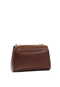 Brown leather handbag with embossed pattern, structured design, gold-tone hardware, and a flap closure. Smooth texture, medium-sized.